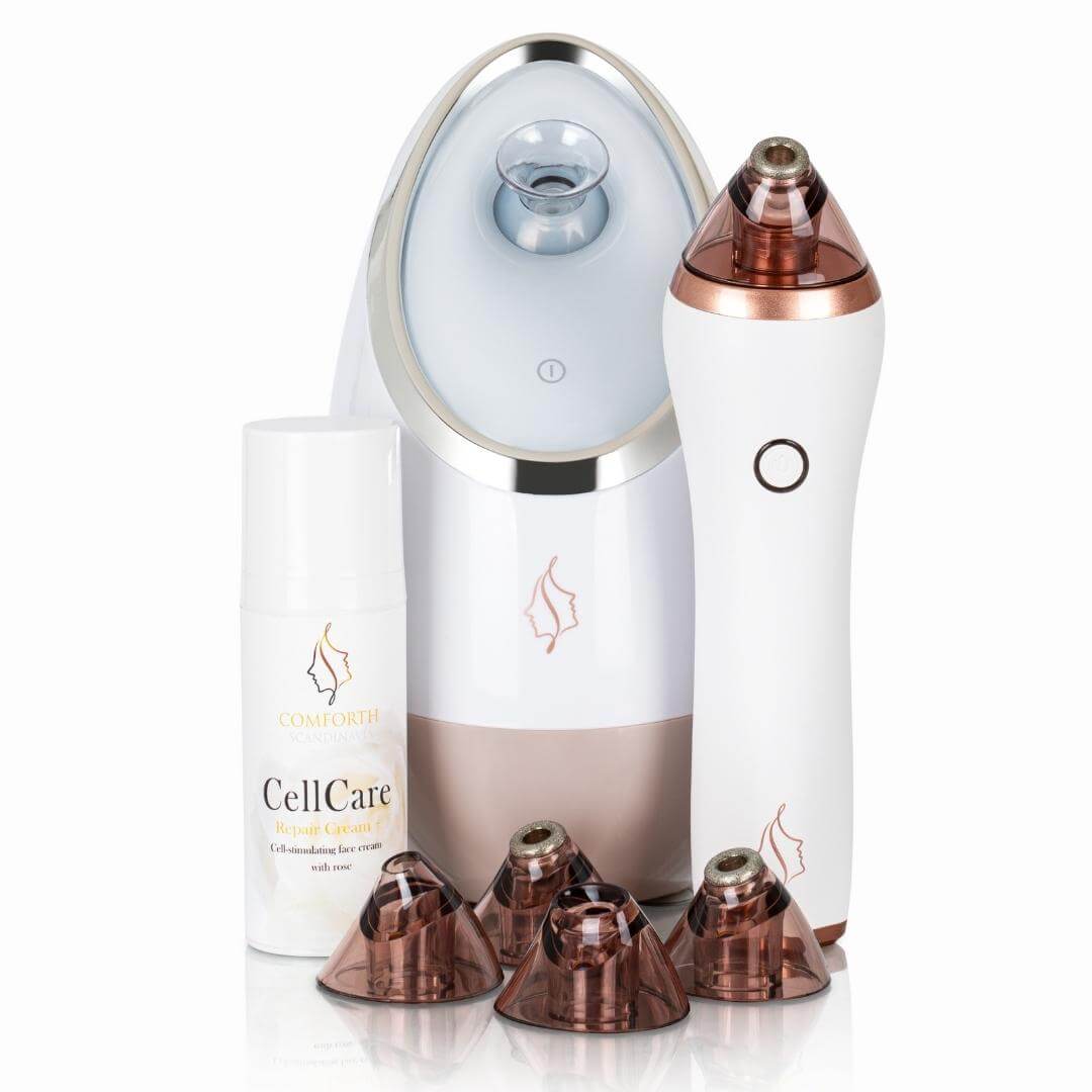 Comforth spapakke med Comforth Microderm diamantsliber, Comforth Nano-Ionisk ansigtsdamper og Comforth Cellcare repair ansigtscreme